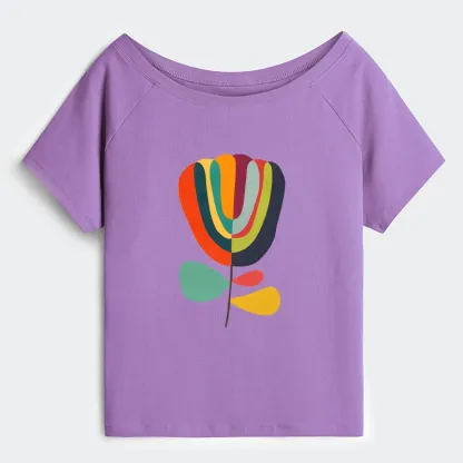 Tokyo-Tiger Colorful Flower Minimalist Print Off Shoulder T-Shirt