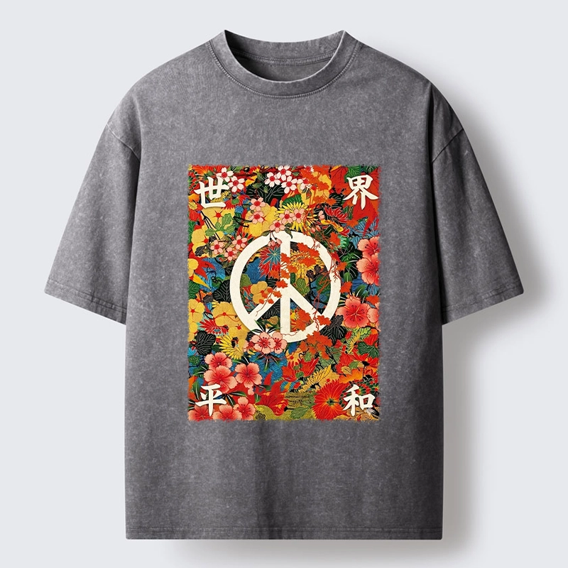 Tokyo-Tiger Bright Blooms Bring Global Calm Peace Washed T-Shirt