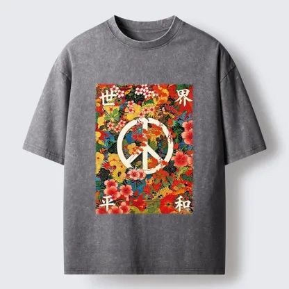 Tokyo-Tiger Bright Blooms Bring Global Calm Peace Washed T-Shirt