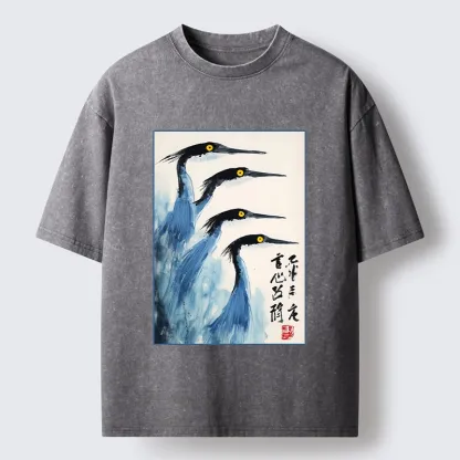 Tokyo-Tiger Brush Strokes Draw Graceful Water Birds Washed T-Shirt