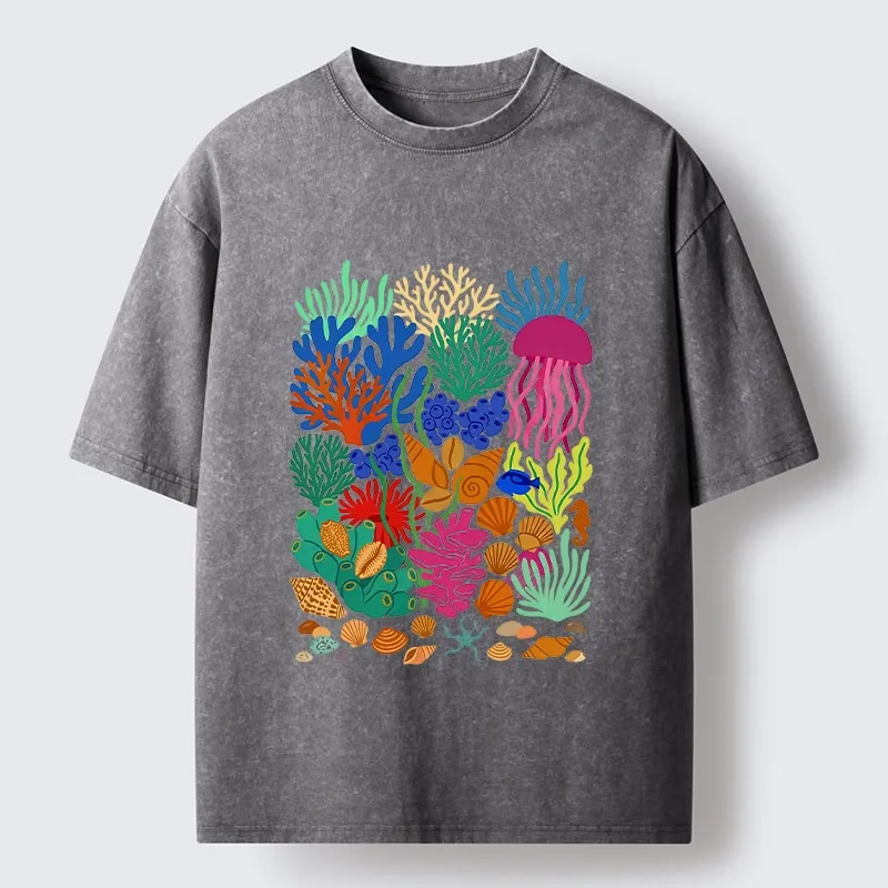 Tokyo-Tiger Bright Sea Garden Full Of Sea Friends Washed T-Shirt