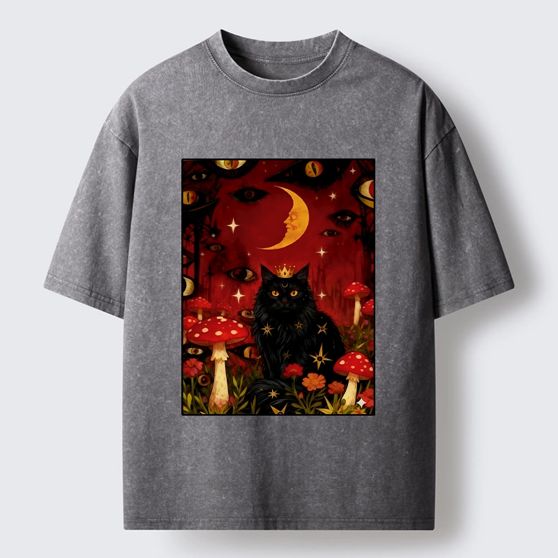 Tokyo-Tiger Mystic Cat Amid Red Spotted Mushrooms Washed T-Shirt
