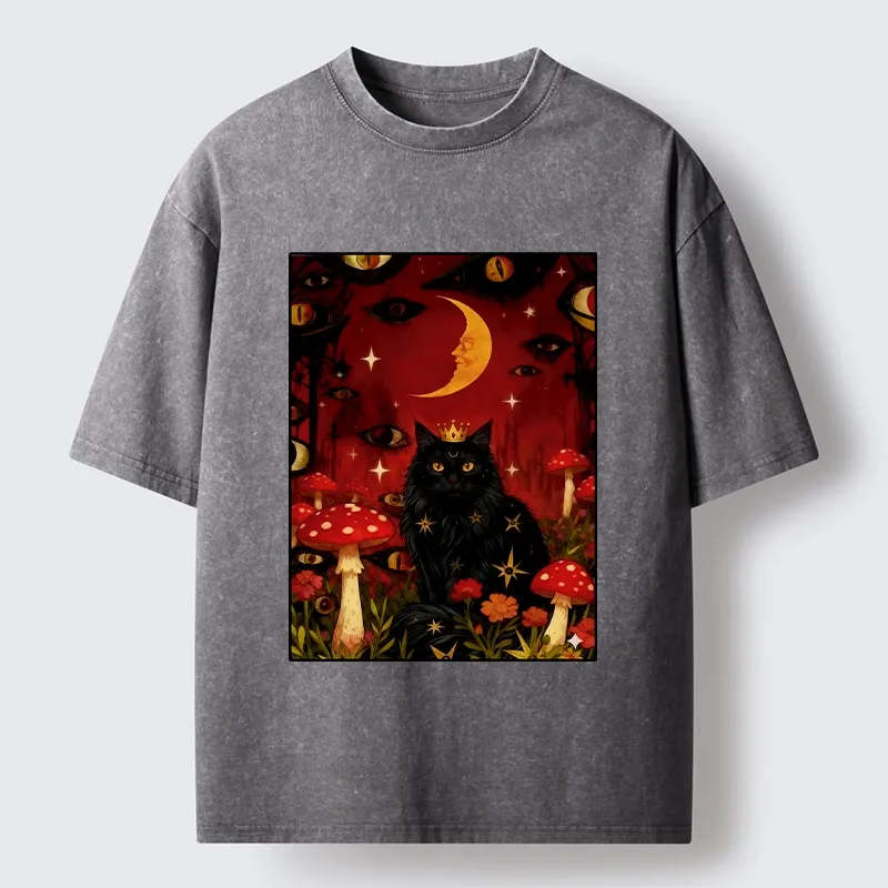 Tokyo-Tiger Mystic Cat Amid Red Spotted Mushrooms Washed T-Shirt