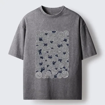 Tokyo-Tiger Tiny Black Cats Hide In Yarn Balls Washed T-Shirt