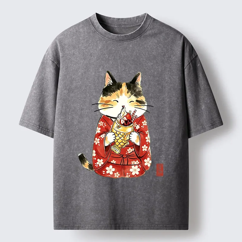 Tokyo-Tiger Enjoying Japanese Taiyaki Washed T-Shirt