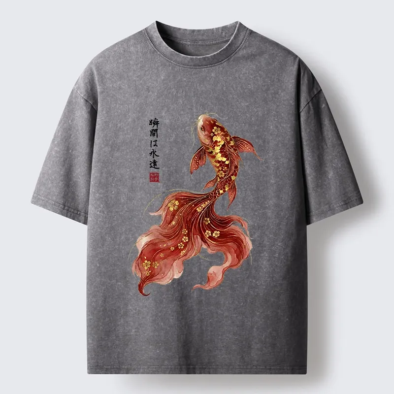 Tokyo-Tiger Golden Sakura Red Koi Ink Art Washed T-Shirt