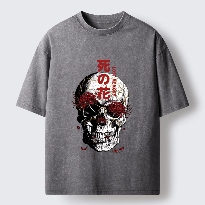 Tokyo-Tiger Dark Goth Spider Lily Skull Art Washed T-Shirt