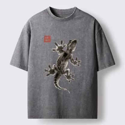 Tokyo-Tiger Minimal Asian Ink Brush Gecko Vibe Washed T-Shirt