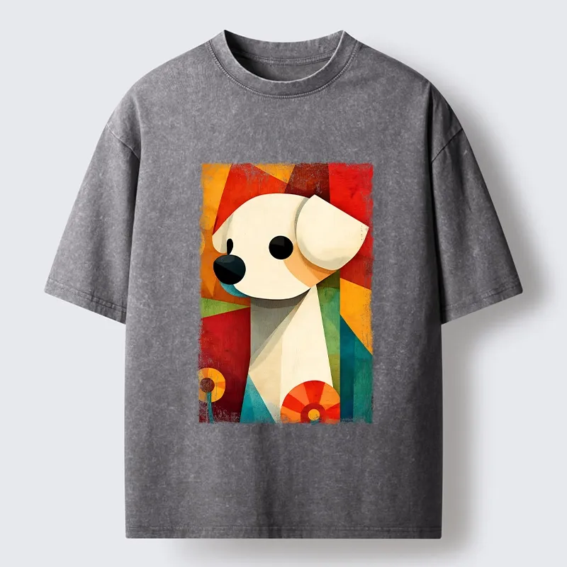 Tokyo-Tiger Retro Abstract Color Block Puppy Art Washed T-Shirt