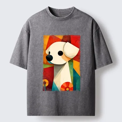 Tokyo-Tiger Retro Abstract Color Block Puppy Art Washed T-Shirt