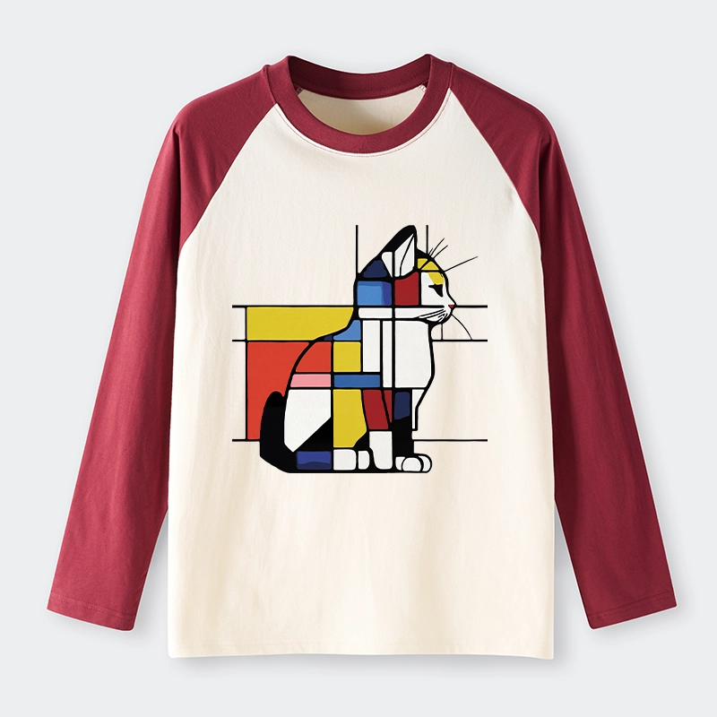 Tokyo-Tiger Geometric Cat Art In Primary Colors Raglan Long Sleeve T-shirt