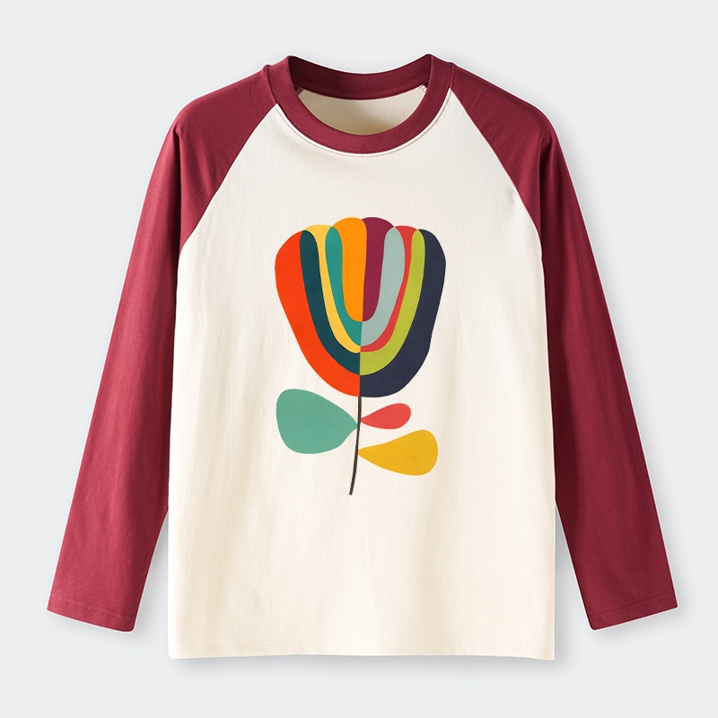 Tokyo-Tiger Colorful Flower Minimalist Print Raglan Long Sleeve T-shirt