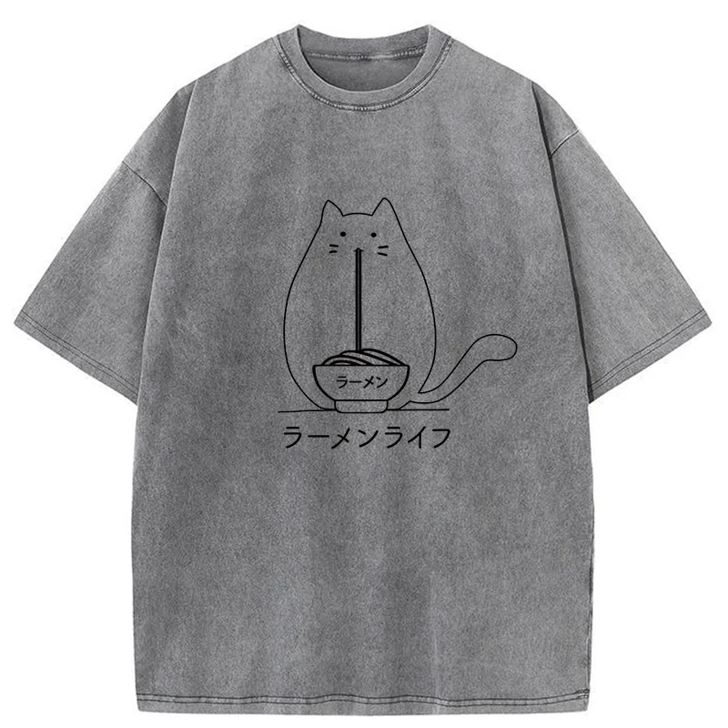 Tokyo-Tiger Funny Cat Eating Ramen Washed T-Shirt