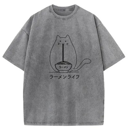 Tokyo-Tiger Funny Cat Eating Ramen Washed T-Shirt