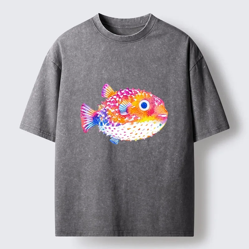Tokyo-Tiger Rainbow Watercolor Puffer Fish Art Washed T-Shirt