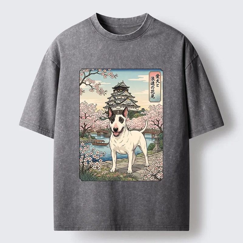 Tokyo-Tiger Ukiyo-e Bull Terrier Cherry Blossom Art Washed T-Shirt Sale