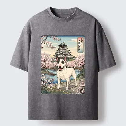 Tokyo-Tiger Ukiyo-e Bull Terrier Cherry Blossom Art Washed T-Shirt