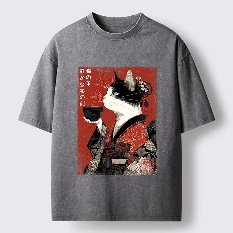 Tokyo-Tiger Kimono Tea Cat Red Vintage Ink Art Washed T-Shirt