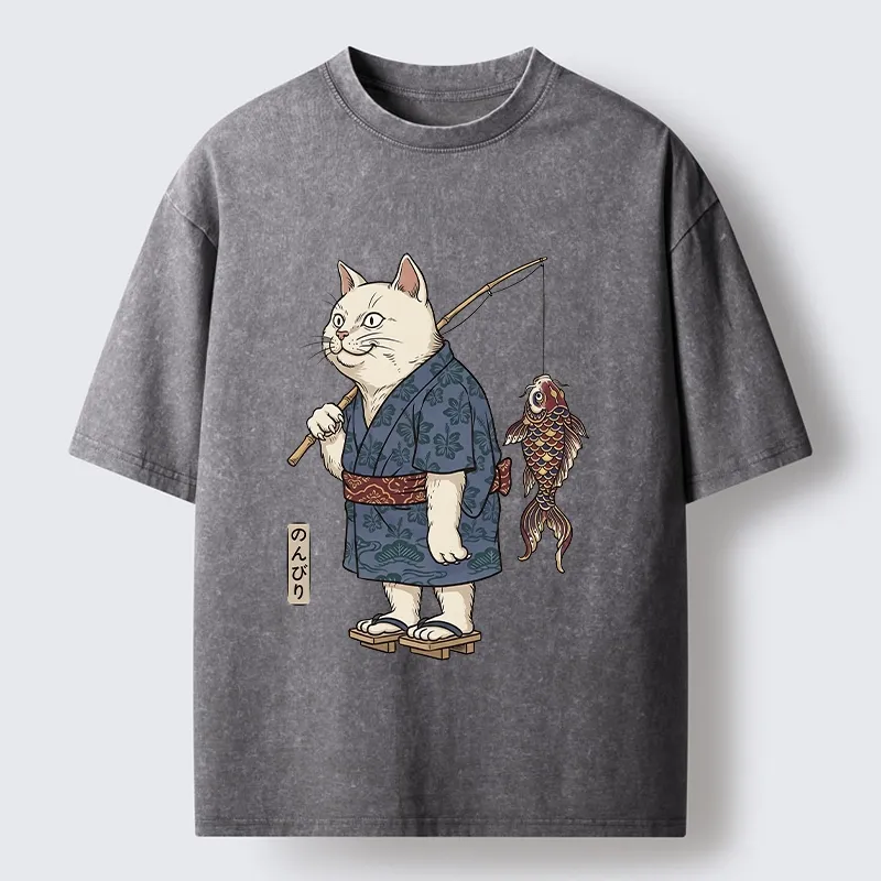 Tokyo-Tiger Kimono Cat Fishing Koi Fish Art Washed T-Shirt