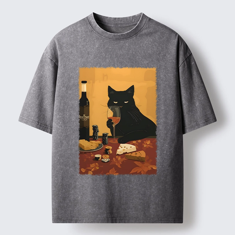 Tokyo-Tiger Chill Black Cat Wine Cheese Art Washed T-Shirt