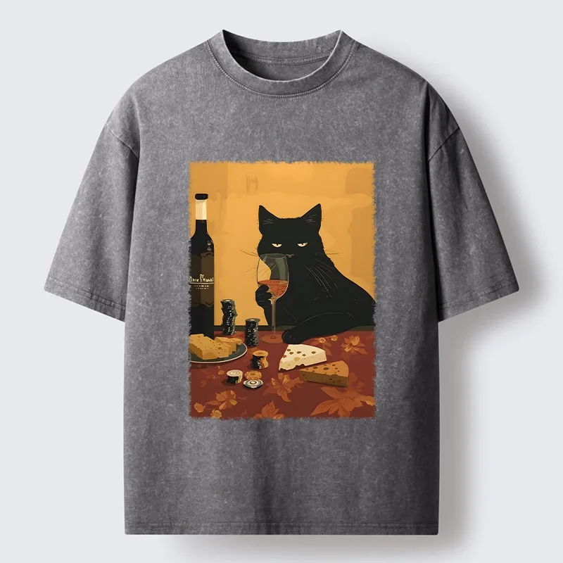 Tokyo-Tiger Chill Black Cat Wine Cheese Art Washed T-Shirt