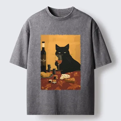 Tokyo-Tiger Chill Black Cat Wine Cheese Art Washed T-Shirt