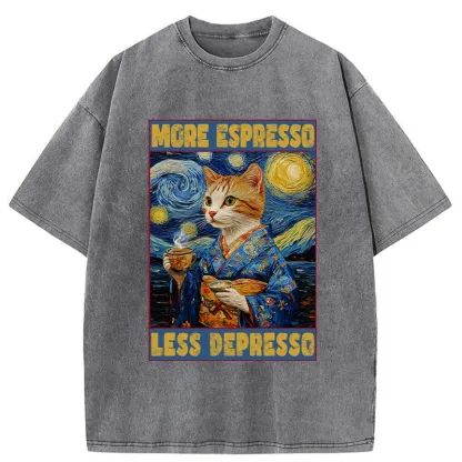 Tokyo-Tiger Funny More Espresso Less Depresso Washed T-Shirt