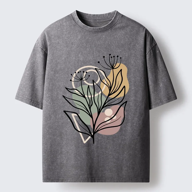 Tokyo-Tiger Soft Boho Floral Line Art Washed T-Shirt