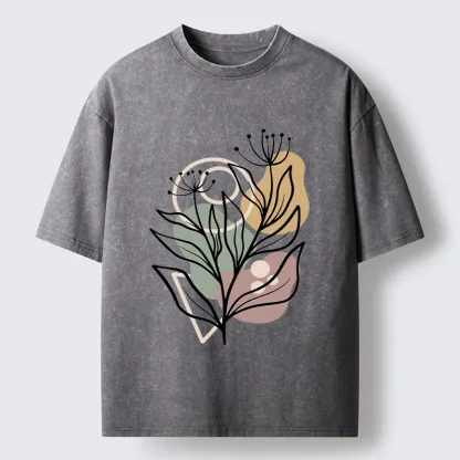 Tokyo-Tiger Soft Boho Floral Line Art Washed T-Shirt