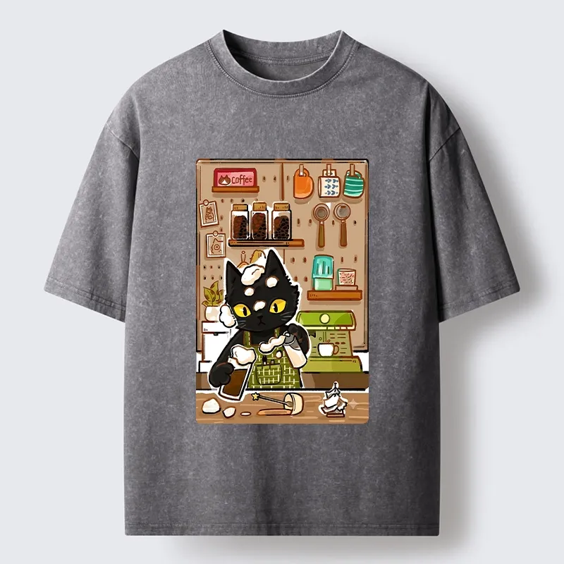 Tokyo-Tiger Black Cat Barista Makes Coffee Foam Washed T-Shirt