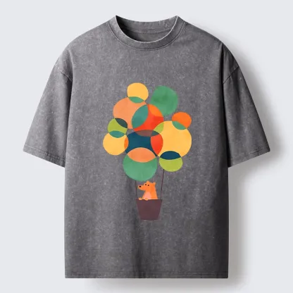 Tokyo-Tiger Bear Rides Colorful Balloon Basket Washed T-Shirt