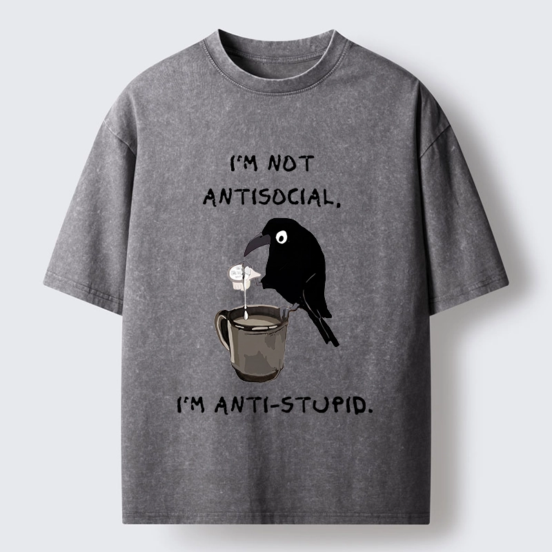 Tokyo-Tiger Cool Crow Sips Calm Coffee Alone Washed T-Shirt