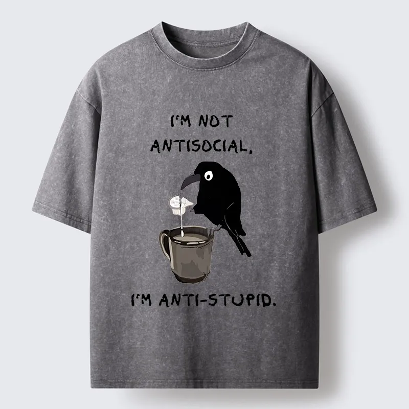 Tokyo-Tiger Cool Crow Sips Calm Coffee Alone Washed T-Shirt