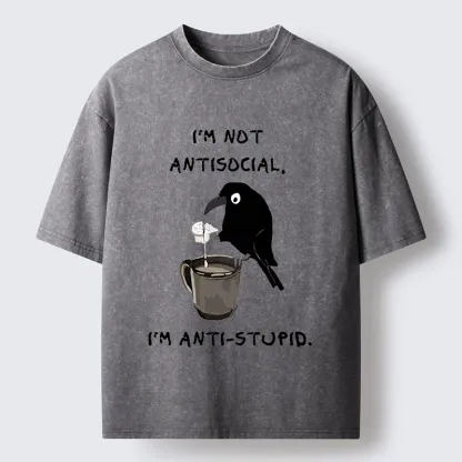 Tokyo-Tiger Cool Crow Sips Calm Coffee Alone Washed T-Shirt