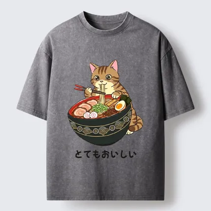 Tokyo-Tiger Cat Eat Delicious Hot Ramen Washed T-Shirt