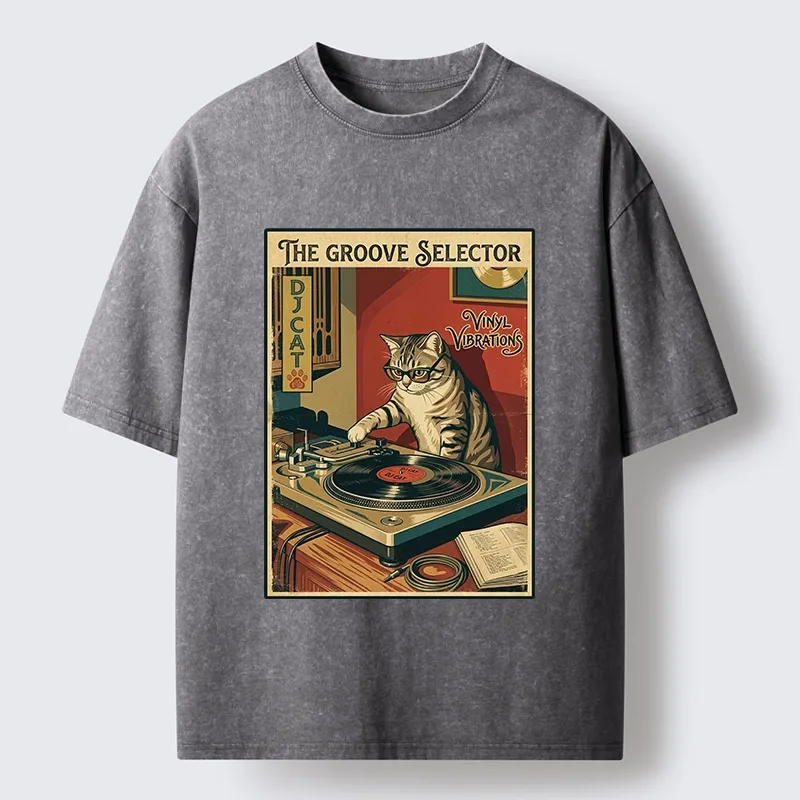 Tokyo-Tiger Retro DJ Cat Vinyl Record Art Washed T-Shirt