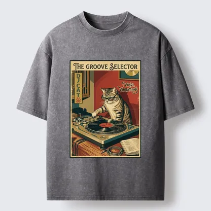 Tokyo-Tiger Retro DJ Cat Vinyl Record Art Washed T-Shirt