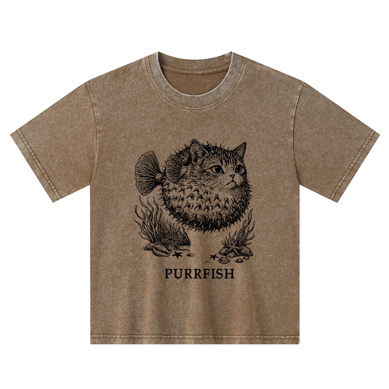 Tokyo-Tiger Spiky Puffer With Cute Cat Head Kids Washed T-Shirt