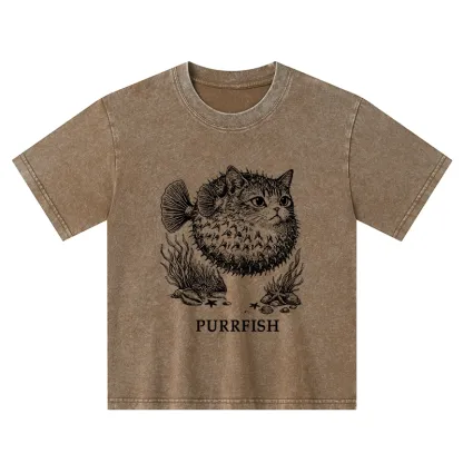 Tokyo-Tiger Spiky Puffer With Cute Cat Head Kids Washed T-Shirt