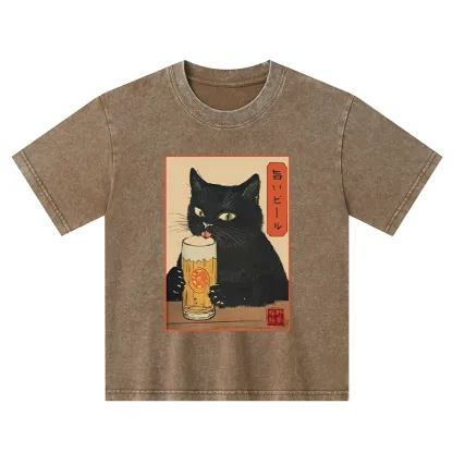 Tokyo-Tiger Cat Holding A Glass Of Beer Kids Washed T-Shirt
