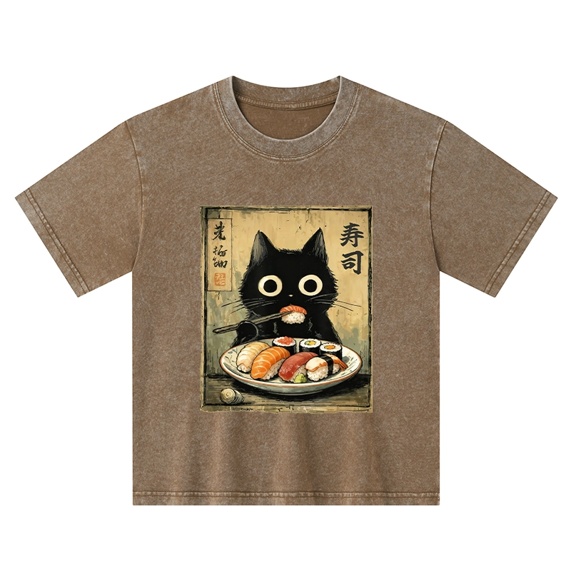 Tokyo-Tiger  Vintage Japanese Sushi Cat Kids Washed T-Shirt