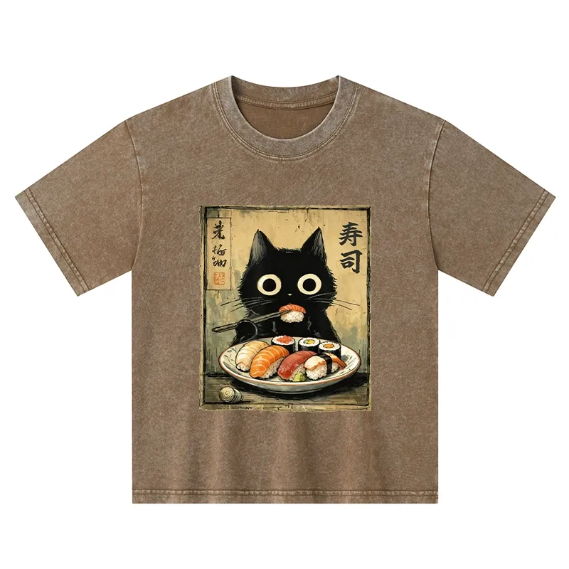 Tokyo-Tiger  Vintage Japanese Sushi Cat Kids Washed T-Shirt