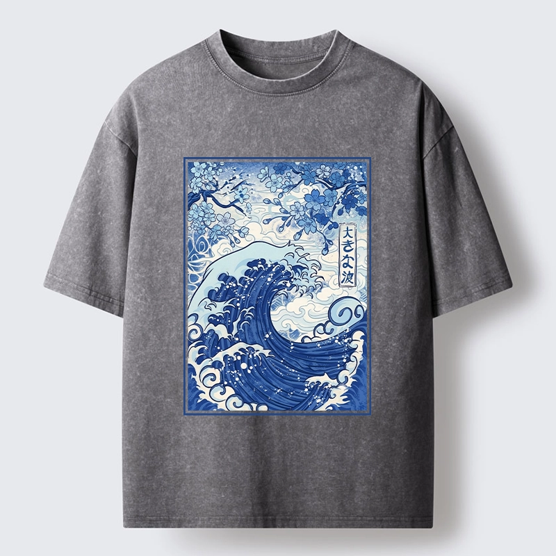 Tokyo-Tiger Vintage Japanese Wave Sakura Print Washed T-Shirt