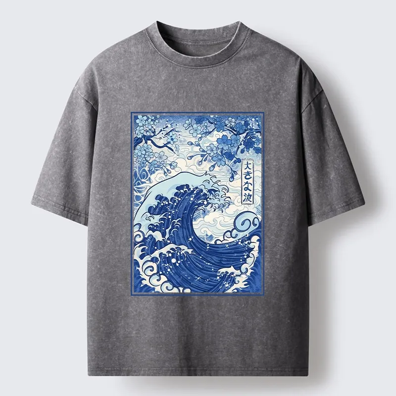 Tokyo-Tiger Vintage Japanese Wave Sakura Print Washed T-Shirt