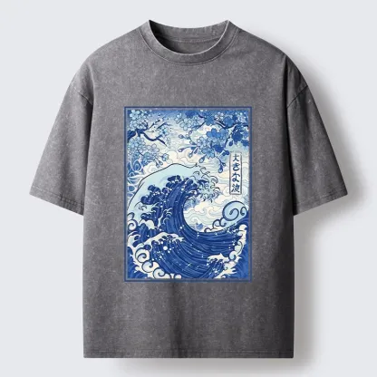 Tokyo-Tiger Vintage Japanese Wave Sakura Print Washed T-Shirt