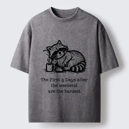 Tokyo-Tiger Funny Meme Monday Blues Coffee Raccoon Washed T-Shirt