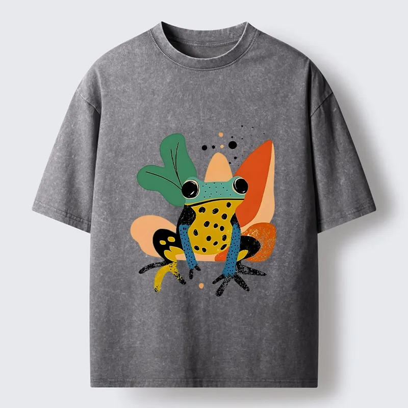 Tokyo-Tiger Vibrant Shapes Colorful Jungle Frog Tee Washed T-Shirt