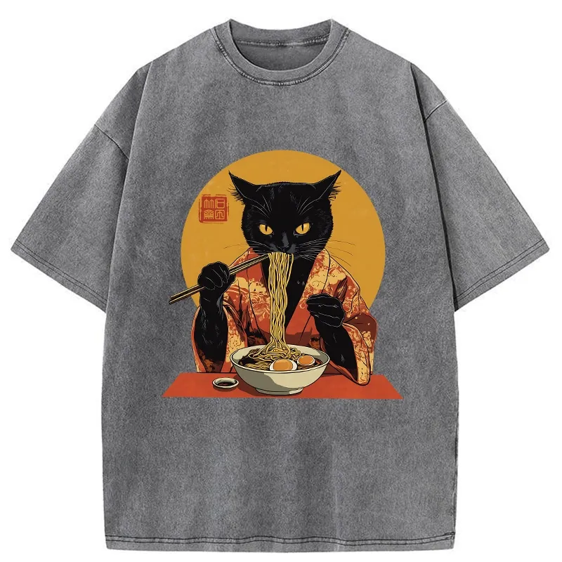 Tokyo-Tiger Ramen-obsessed Cat Washed T-Shirt