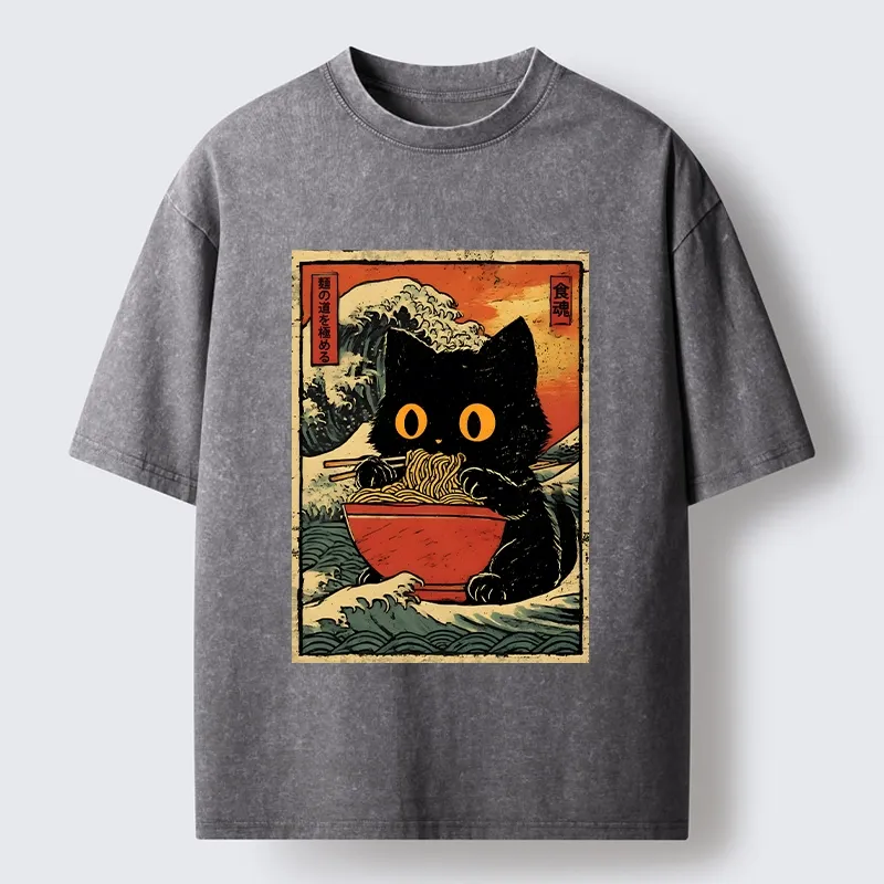 Tokyo-Tiger Cool Wave Art Cat Loves Ramen Bowl Washed T-Shirt