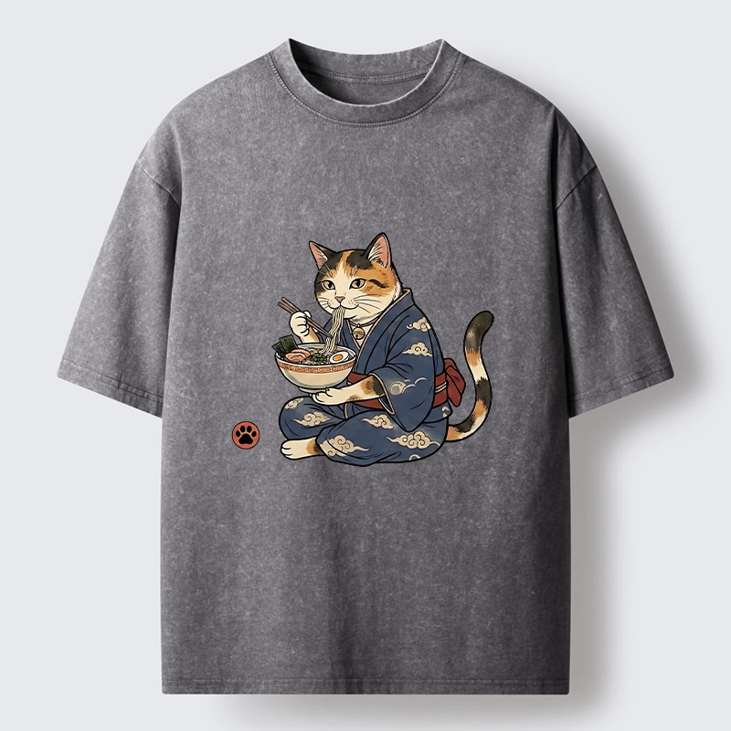 Tokyo-Tiger Traditional Japanese Cat Noodle Lover Washed T-Shirt